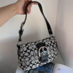 Coach Signature Buckle Shoulder Bag Black Grey Silver hO