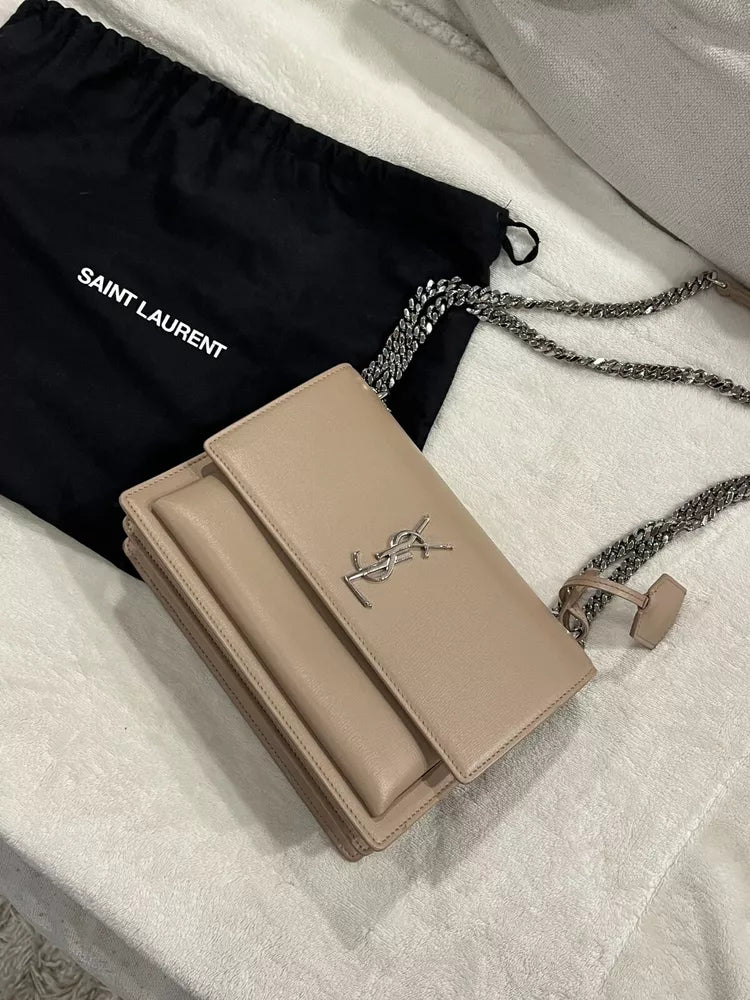 AuthenticYSLSaintLaurentSunsetChainedMediumShoulderBagBeige-0 Authentic YSL Saint Laurent Sunset Chained Medium Shoulder Bag Beige💜🍇 - Image 1